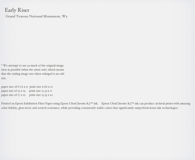                                                                                                                                                       
    Early Riser
     Grand Teatons National Monument, Wy



     





* We attempt to use as much of the original image 
view as possible (what the artist saw), which means 
that the ending image size when enlarged is an odd 
size.

paper size of 8 1/2 x 11  print size 6.66 x 10
paper size of 13 x 19     print size 11.33 x 17
paper size of 17 x 22     print size 13.33 x 20

Printed on Epson Exhibition Fiber Paper using Epson UltraChrome K3™ ink.    Epson UltraChrome K3™ ink can produce archival prints with amazing color fidelity, gloss level, and scratch resistance, while providing consistently stable colors that significantly outperform lesser ink technologies. 

                                                        